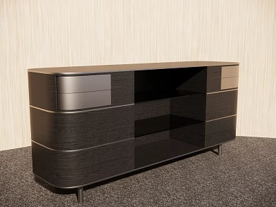 Sleek Modern Black Entryway Side Cabinet Featuring Drawers Open Shelves and Metal Legs 3d model