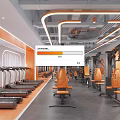Modern Gym Interior With Orange Fitness Equipment Treadmills And Bright Training Area