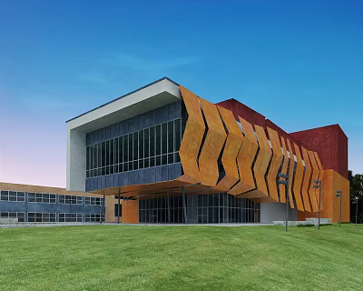 Modern Cultural Center with Orange Wavy Exterior Large Glass Curtain Walls and Green Lawn 3d model
