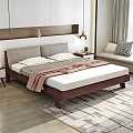 Double Bed with Gray Headboard White Pillows Checkered Blanket Nightstands Lamps and Wooden Accent Wall