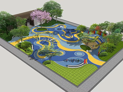 Colorful Children's Playground Design Featuring Blue Yellow Paved Areas Circular Patterns Trees And Greenery 3d model