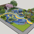 Colorful Children's Playground Design Featuring Blue Yellow Paved Areas Circular Patterns Trees And Greenery