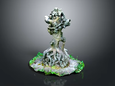 Wooden Stone Decorative Sculpture With Tree Stump Shape And Green Moss Base 3d model