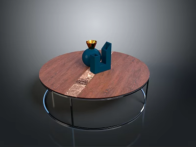 Modern Round Dining Table With Wooden Tabletop Metal Legs Blue Geometric Decor And Gold Vase 3d model