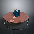 Modern Round Dining Table With Wooden Tabletop Metal Legs Blue Geometric Decor And Gold Vase