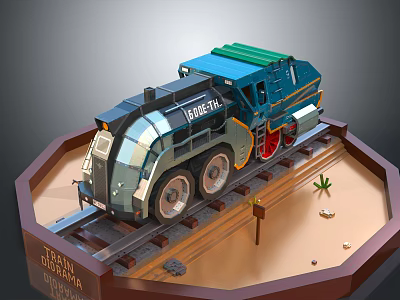 Electric Toy Train With Blue Body On Desert Track And Station Sign 3d model