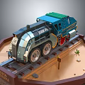 Electric Toy Train With Blue Body On Desert Track And Station Sign