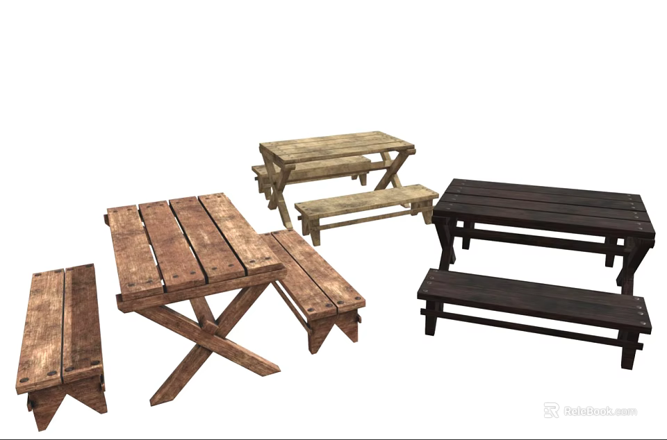 Wooden Outdoor Table And Matching Benches In Rustic Dark And Natural Styles 3d model 