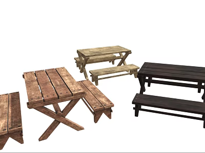 Wooden Outdoor Table And Matching Benches In Rustic Dark And Natural Styles 3d model