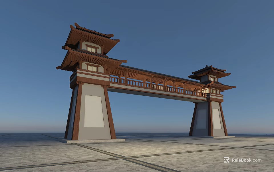 Traditional Chinese Archway With Multi Tiered Roof Wooden Structure And White Pillars 3d model 