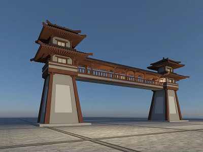 Traditional Chinese Archway With Multi Tiered Roof Wooden Structure And White Pillars 3d model