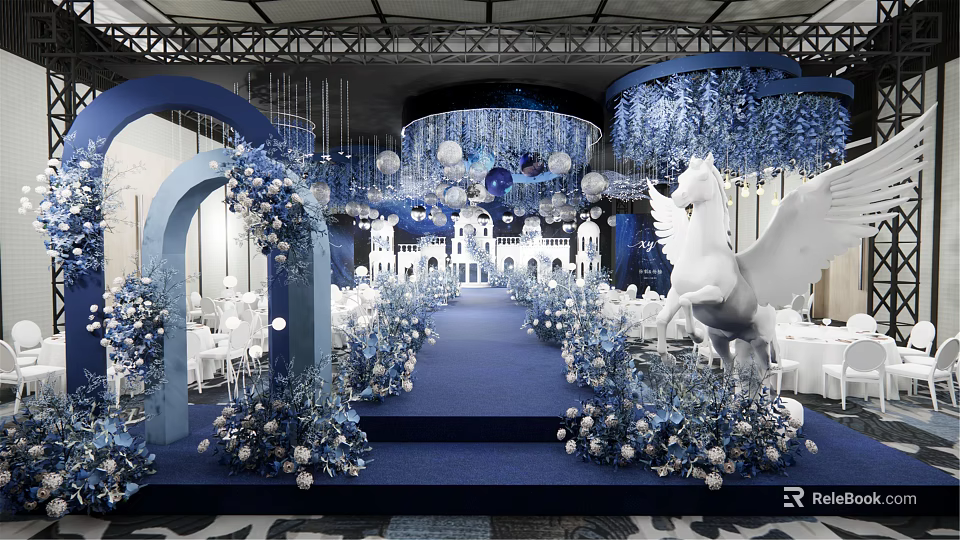 Elegant Banquet Hall Decorated With Blue White Theme Unicorn Statue And Flower Arrangements 3d model 