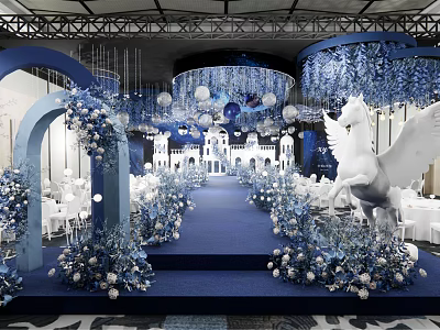 Elegant Banquet Hall Decorated With Blue White Theme Unicorn Statue And Flower Arrangements 3d model