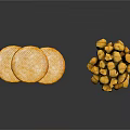 Three Golden Sandwich Cookies And Cluster Of Round Pastries On White Background