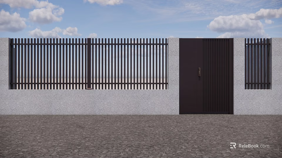 Black Vertical Slats Fence With Gray Wall Black Door On Gravel Ground Under Blue Sky 3d model 