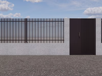 Black Vertical Slats Fence With Gray Wall Black Door On Gravel Ground Under Blue Sky 3d model