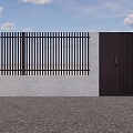 Black Vertical Slats Fence With Gray Wall Black Door On Gravel Ground Under Blue Sky