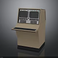 Vintage Control Console With Dual Display Screens Flat Countertop And Wooden Structure