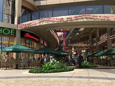 Outdoor Shopping Mall Area With Green Umbrellas Shops People And Decorative Arch 3d model