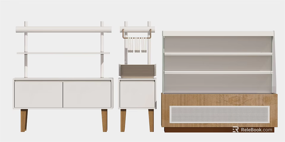 Modern Display Shelves with White Finish Wooden Legs Drawers and Open Racks 3d model 