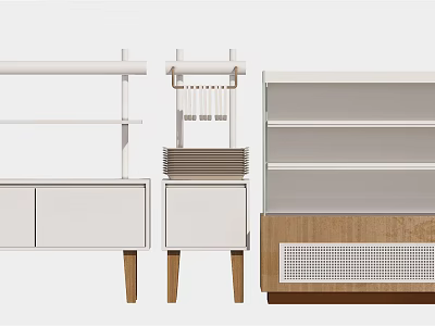 Modern Display Shelves with White Finish Wooden Legs Drawers and Open Racks 3d model