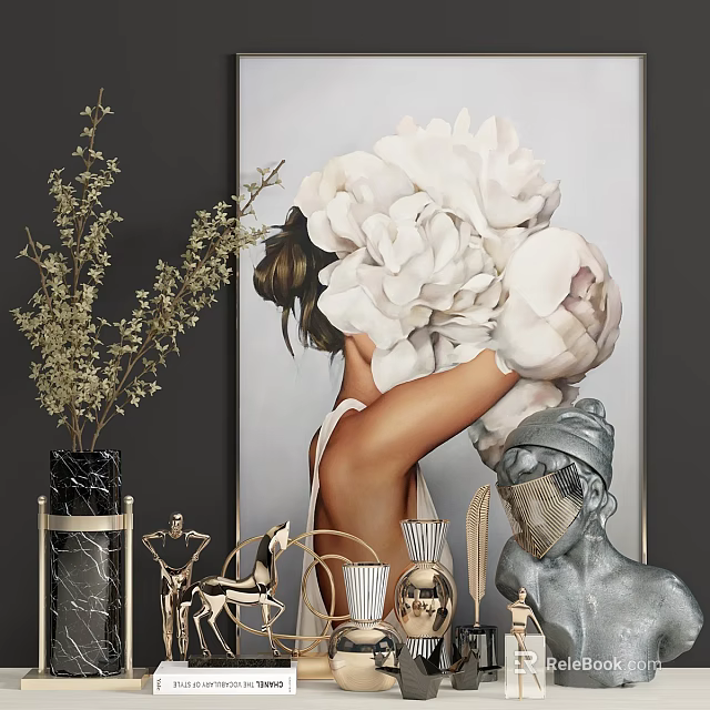 Modern Elegant Decorative Ornament Set With Painting Vase Metal Figurines And Statue 3d model 