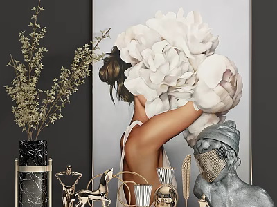 Modern Elegant Decorative Ornament Set With Painting Vase Metal Figurines And Statue 3d model