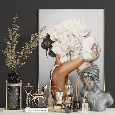 Modern Elegant Decorative Ornament Set With Painting Vase Metal Figurines And Statue 3d model