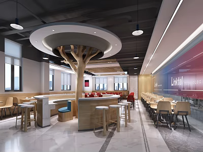 Modern Restaurant Interior Design With Open Layout Central Tree Decor And Bar Counter 3d model