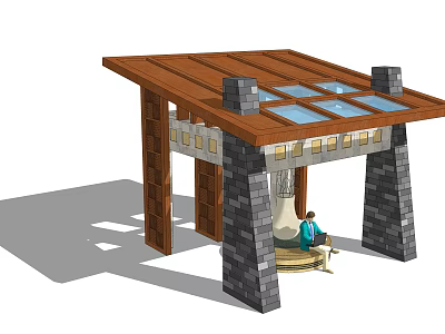 Stone Pavilion With Wooden Roof And Glass Skylights Featuring Person Sitting On Bench Inside 3d model