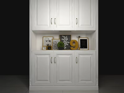 Modern White Shoe Cabinet With Upper Lower Cabinets Open Shelf Photo Frames And Green Plant 3d model