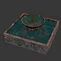 Decorative Square Fountain with Ornate Carved Base Circular Green Water Basin and Gray Stone Pedestal