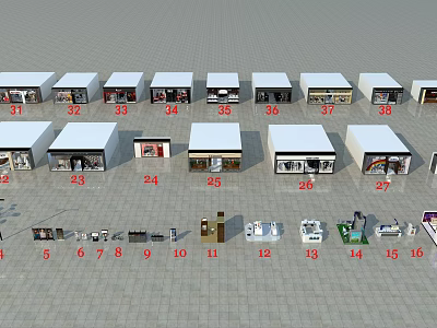 Shopping Mall Stores Layout Featuring Numbered Shop Units And Retail Spaces 3d model