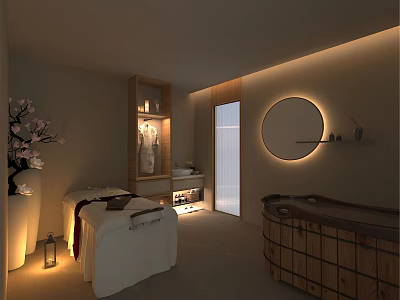 SPA Sauna Interior Design With Massage Bed Wooden Bathtub And Soft Lighting 3d model