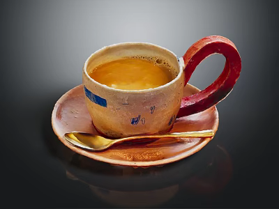 Handcrafted Ceramic Cup And Saucer Set With Red Handle Blue Patterns Golden Spoon 3d model