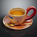 Handcrafted Ceramic Cup And Saucer Set With Red Handle Blue Patterns Golden Spoon 3d model
