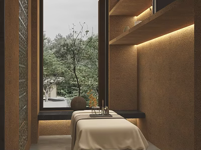 SPA Sauna Interior With Massage Bed Natural Window View And Soft Lighting 3d model