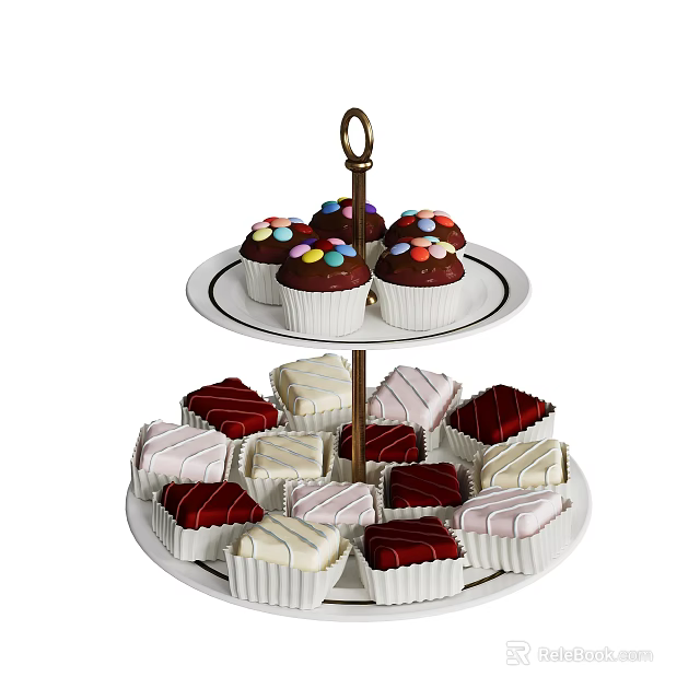 Two Tier Dessert Stand With Colorful Sprinkled Cupcakes And Square Pastries On White Plates 3d model 