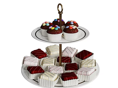 Two Tier Dessert Stand With Colorful Sprinkled Cupcakes And Square Pastries On White Plates 3d model