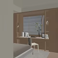 Modern Bay Window Area With Roller Blinds Wooden Desk Chair And Bamboo Plant