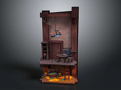 Wooden Miniature Room Scene With Door Table Shelf Candle Chandelier And Gold Coins 3d model