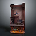 Wooden Miniature Room Scene With Door Table Shelf Candle Chandelier And Gold Coins
