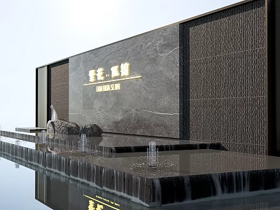 Modern Scenic Feature Wall With Stone Texture Water Fountain And Golden Text Signage 3d model