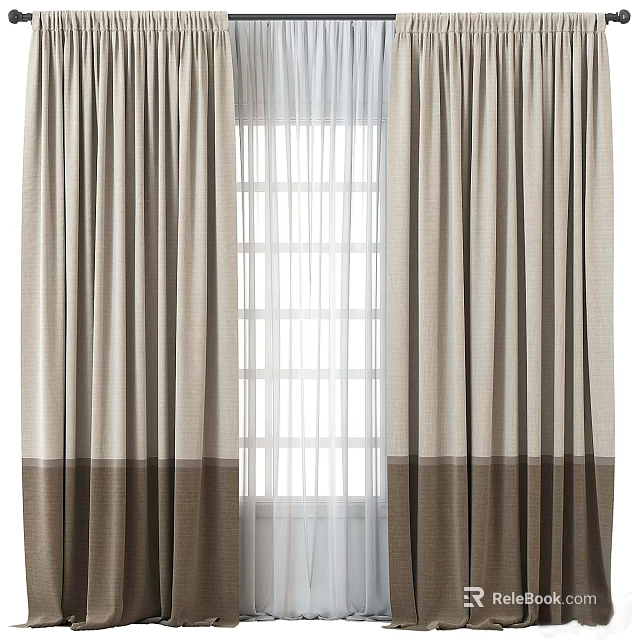 Striped Beige And Brown Curtains With White Sheer For Grid Window Interior 3d model 