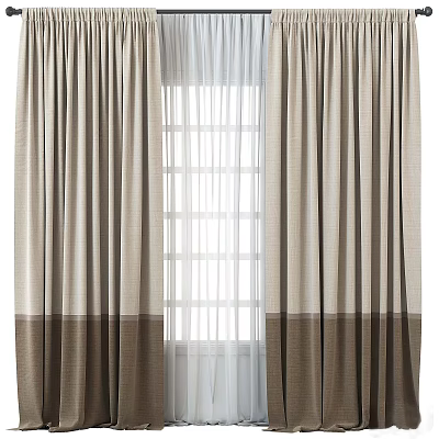 Striped Beige And Brown Curtains With White Sheer For Grid Window Interior 3d model