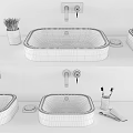 Double White Washbasins On Wooden Countertop With Toothbrushes Toothpaste And Towel Rack