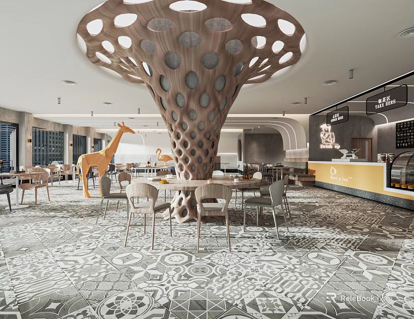 Modern Dessert Shop Interior With Unique Ceiling Design Giraffe Decor And Patterned Floor 3d model