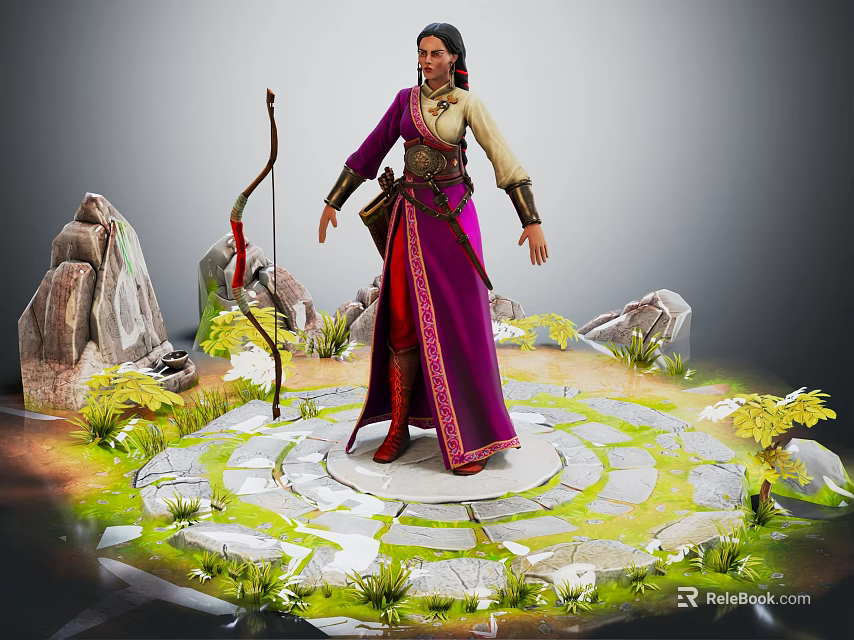 Elegant Female Character In Purple Robe With Bow On Circular Stone Platform Surrounded By Plants 3d model 