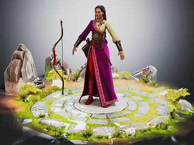 Elegant Female Character In Purple Robe With Bow On Circular Stone Platform Surrounded By Plants 3d model