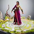 Elegant Female Character In Purple Robe With Bow On Circular Stone Platform Surrounded By Plants
